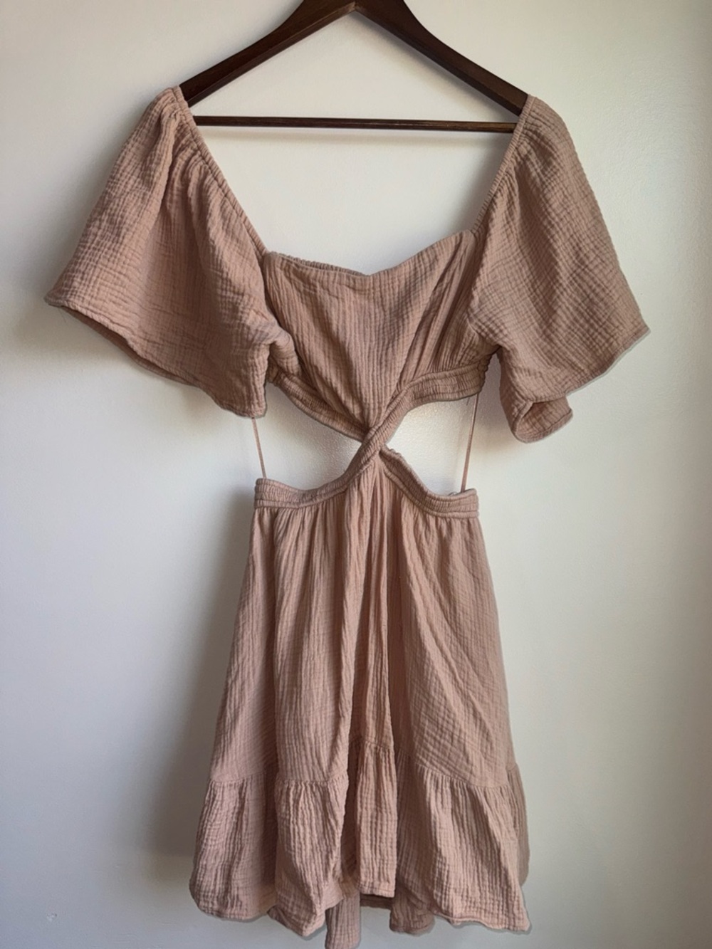 Promesa Blush Cotton Gauze Cutout Mini Dress Puff Sleeve M